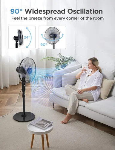 Miniatura 4 de PELONIS Ventilador de pie oscilante de 16 pulgadas Altura ajustable Motor DC ultra silencioso Control remoto 12 velocidades Temporizador