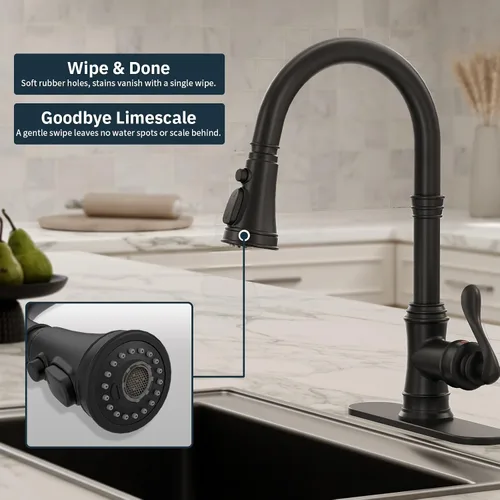 Miniatura 7 de BWE Grifo de cocina negro con rociador extraíble, 3 modos de pulverización, grifo de fregadero de cocina de arco alto de una sola manija
