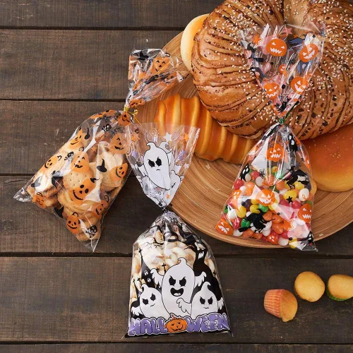 Miniatura 5 de CCINEE Bolsas de celofán para Halloween, 150 bolsas de plástico transparente para dulces con 300 giros para aperitivos y galletas