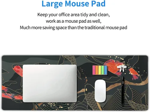 Miniatura 5 de Alfombrilla de mouse para juegos XL japonesa en negro y rojo con arte de peces koi, textura dorada, anime, borde cosido, base de goma antideslizante