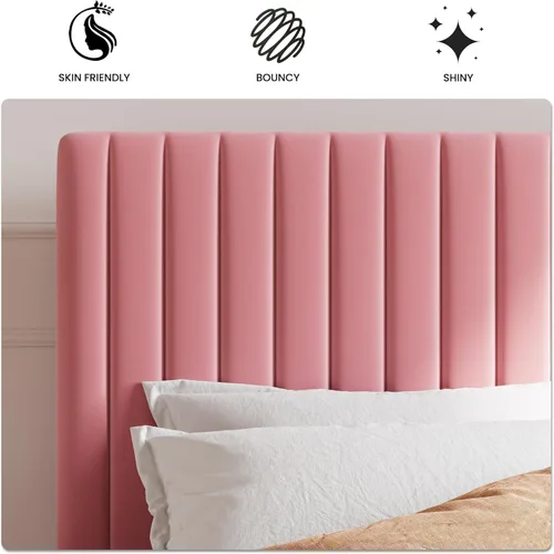 Miniatura 6 de SHA CERLIN - Base de cama tamaño Queen tapizada con cabecera ajustable; diseño acolchado en terciopelo con canales verticales; soporte de listones
