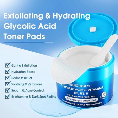 Miniatura 3 de Hicream Almohadillas de ácido glicólico, tónico exfoliante facial de doble textura para el cuidado de los poros y la luminosidad de la piel