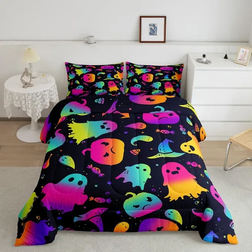 Miniatura 46 de Juego de edredón de calabaza para niños, con estampado de calabaza, estilo Halloween, juego de ropa de cama para niños, juego de ropa de cama