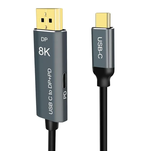 Cable USB C a DisplayPort 1.4 de 3.3 pies con puerto hembra PD de 100 W [HDR, 8K @60Hz, 4K @144Hz, 2K @240Hz], cable tipo C a DP1.4, compatible con