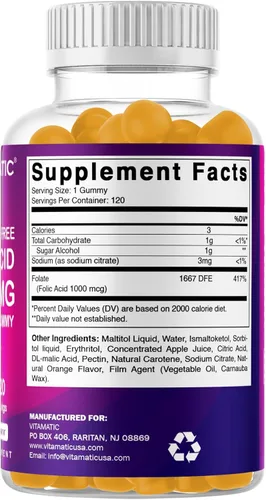 Miniatura 8 de Vitamatic Gomitas de ácido fólico 1000 mcg (1 mg), vitaminas prenatales esenciales para mamá y bebé, gomitas veganas de vitamina B9-120 (2)