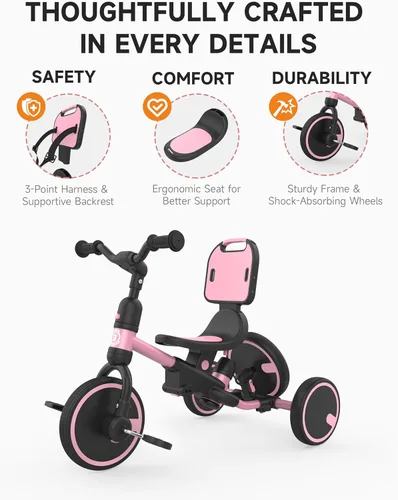 Miniatura 4 de Bicicleta para niños pequeños Besrey 1-3 años, triciclo para niños pequeños con rueda de repuesto, triciclo para niños 5 en 1 con mango de empuje