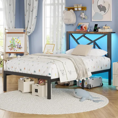 Miniatura 3 de ChicZhiNest Armazón de cama de metal negro tamaño twin con estación de carga USB, iluminación ambiental LED y cabecera de almacenamiento de madera