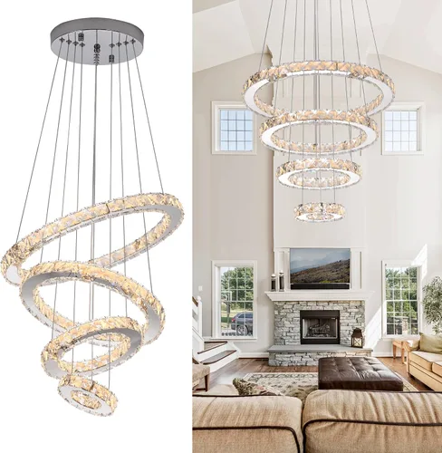 Miniatura 10 de Candelabros modernos de cristal, regulables, redondos, con control remoto, 2 anillos, lámpara colgante de techo LED para vestíbulo, comedor, sala