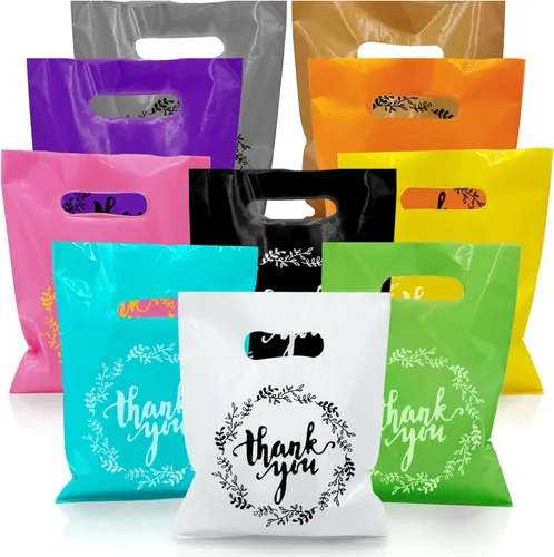 100 bolsas de plástico de 10 colores con asa de regalo, bolsas de regalo para fiesta de cumpleaños, baby shower, boda, regalo, tienda, bolsas de
