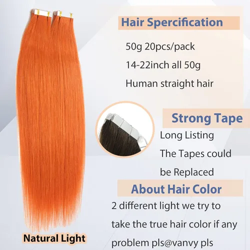Miniatura 2 de Extensiones de cabello con cinta adhesiva en cabello humano grueso naranja de 18 pulgadas