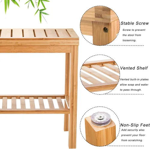 Miniatura 4 de SOUJOY Banco de ducha de bambú, taburete de asiento de baño, taburete de afeitado para reposapiés de spa, estante de almacenamiento para toalla