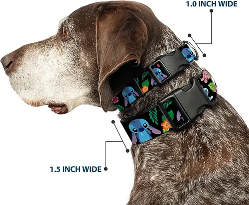 Miniatura 2 de Buckle-Down Ohana Means Family/Stitch & Scrump Poses/Tropical Flora Plastic Clip Collar, estrecho M/7-13 pulgadas
