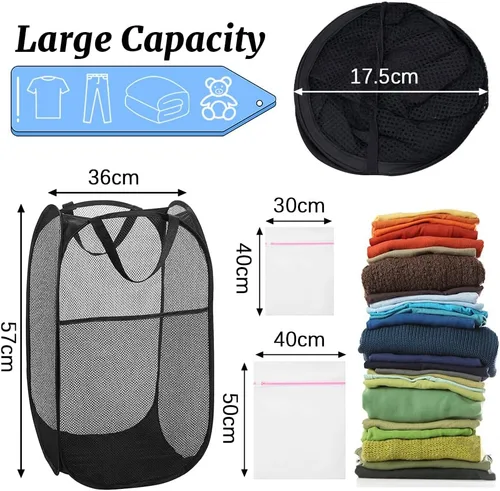 Miniatura 2 de 4 cestas plegables de malla para ropa sucia, cesta plegable con asas de transporte, cesta portátil para ropa sucia con 4 bolsas de lavado, cesta