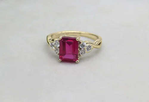 Miniatura 4 de Dazzlingrock Collection 8x6mm Emerald Shape Center Lab Created Ruby & 2.2mm Round White Sapphire on Side Crisscross Shank Engagement Ring for Her in