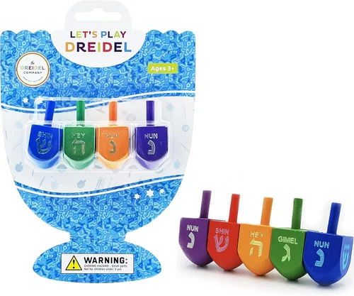 The Dreidel Company Dreidels de madera multicolor de tamaño mediano Hanukkah Draydels con transliteración en inglés – (paquete de 4)