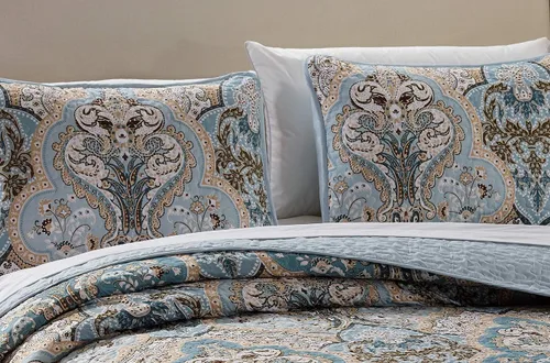 Miniatura 2 de Luxury Home Collection - Juego de colcha reversible acolchada de 3 piezas, tamaño matrimonial/queen, estampado floral, color azul topo