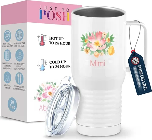 Miniatura 23 de Just So Posh Abuela Flowers Tumbler, Vaso de Café de Viaje con Asa y Tapa Deslizante, Blanco 20 oz Polar Camel, Acero Inoxidable, Aislado al Vacío