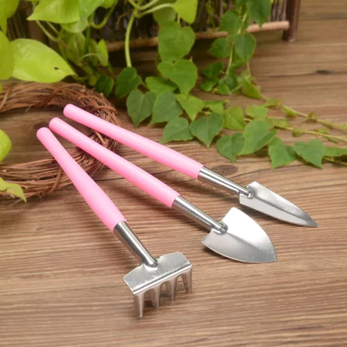 Miniatura 7 de jojofuny Práctica mini herramienta de jardín, mango de plástico antideslizante rosa con pala de hierro y rastrillo para plantar macetas