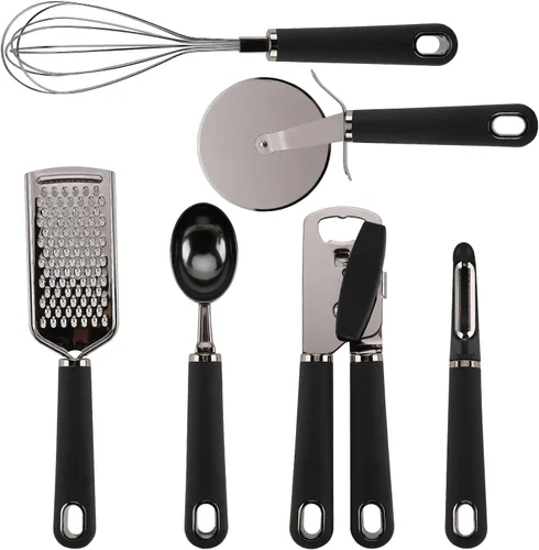 Miniatura 8 de Country Kitchen Juego de 6 piezas de utensilios esenciales de cocina de acero inoxidable, pistola de metal negro con asas blancas suaves al tacto