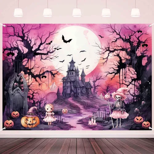 Pancarta de fondo rosa de Halloween, bruja espeluznante, decoración de fiesta de cumpleaños de Halloween, fantasma rosa y negro, decoración de pared