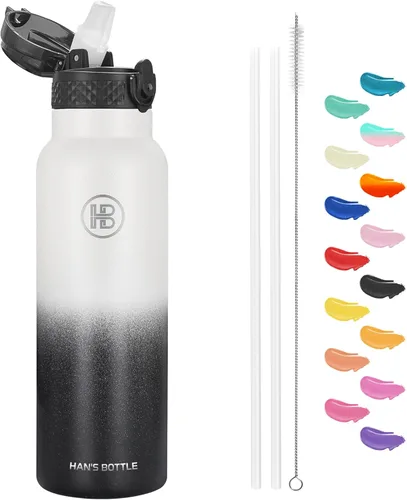 Miniatura 40 de Han's Bottle - Botella de agua para niños con tapa con pajilla - Vaso reutilizable de acero inoxidable aislado para niñas, niños, taza térmica, 17
