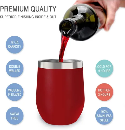 Miniatura 2 de CHILLOUT LIFE Vasos Térmicos de Vino de Acero Inoxidable de 12 oz Paquete de 2 - Vasos de Vino con Aislamiento al Vacío de Doble Pared con Tapas