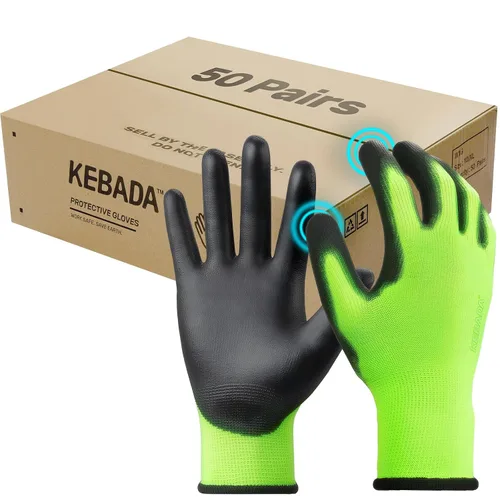 Miniatura 8 de Kebada Guantes de trabajo de seguridad, paquete de 120 pares a granel, pantalla táctil, revestimiento de poliuretano, ideales para almacén, Negro