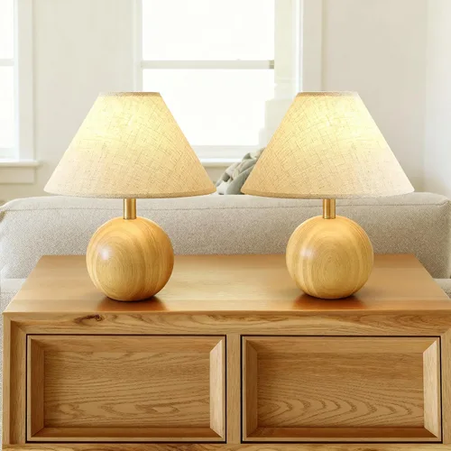 Miniatura 9 de lámpara de mesa de madera para recámara, lámpara de escritorio pequeña con pantalla de tela de lino para sala de estar, lámparas de ambiente
