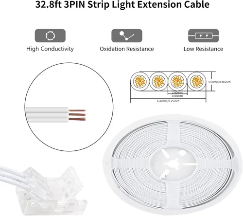 Miniatura 4 de RGBZONE Kit de conector LED de 3 pines de 0.394 in con cable de extensión de 3 pines de 32.8 pies y 10 piezas de tira LED de 3 pines para conectores