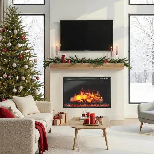 Miniatura 8 de Insertos de chimenea eléctrica de 26 pulgadas, 1500W empotrado en pared con control remoto, temporizador, 6 niveles de brillo y 5 velocidades