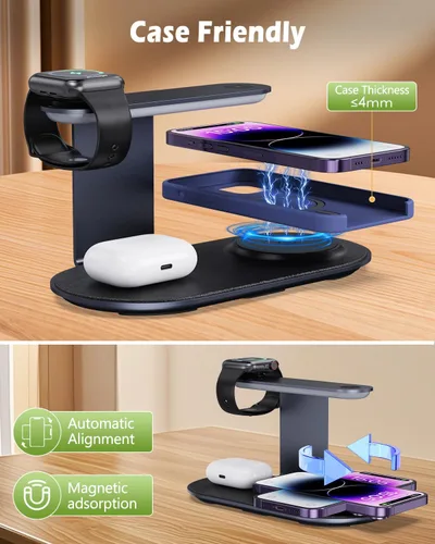 Miniatura 7 de KeeKit Cargador inalámbrico, estación de carga inalámbrica 4 en 1 con luz nocturna de atenuación, base de carga rápida para iPhone, iWatch, AirPods