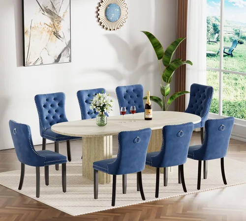 Miniatura 20 de Juego de 4 mesas de comedor extensibles, mesa de comedor ovalada negra y 4 sillas de comedor de terciopelo negro con patas de madera, juego de mesa