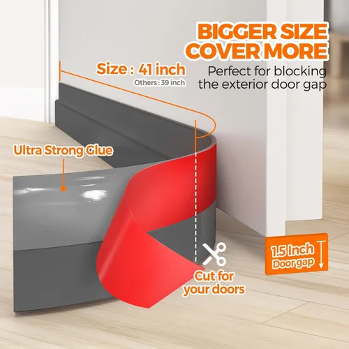 Miniatura 4 de Holikme Burlete para puerta de 41 pulgadas, para debajo de la puerta, bloqueador de corrientes de aire para puertas, tapón de ruido, adhesivo Gris