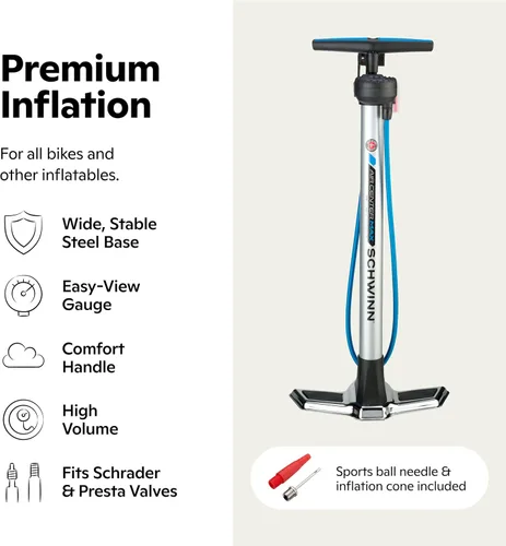 Miniatura 9 de Schwinn Serie Air Center o bomba de piso básica, para una gama de bicicletas, 100, 120 o 160 PSI, mango de agarre suave, cabezal doble para válvulas