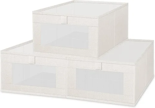 Miniatura 2 de Paquete de 3 cestas organizadoras de almacenamiento de lino - cestas de almacenamiento para armario de tela plegables con ventana transparente