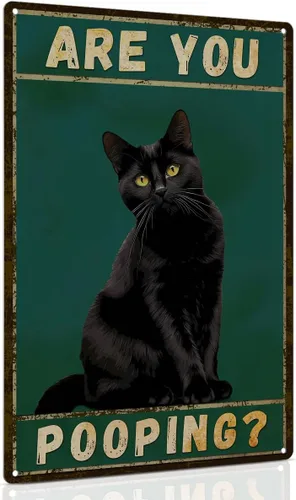 Miniatura 14 de ALKB Letrero de baño con diseño de gato esmoquin, divertido letrero de metal de 8 x 12 pulgadas – Are You Pooping – Decoración de pared de gloria