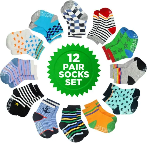 Miniatura 58 de Tphon Calcetines para niños pequeños con empuñaduras, 12 pares de calcetines antideslizantes de algodón para niños y niñas de 1 a 7 años