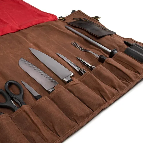 Miniatura 4 de Bolsa enrollable para cuchillos de chef Dickies Organizador portátil y estuche de almacenamiento para cubiertos, lona encerada y cuero, grande