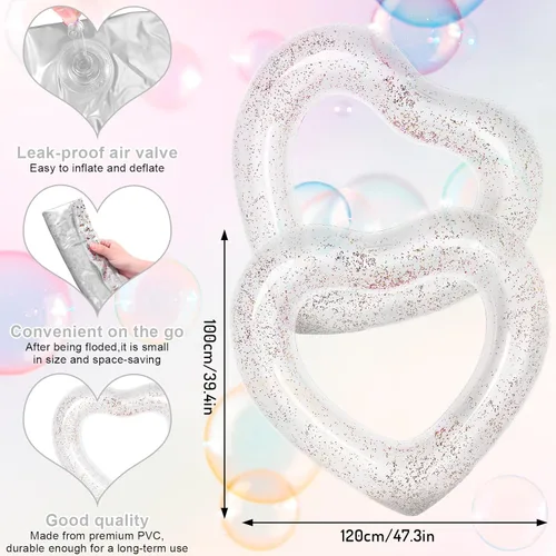 Miniatura 2 de Whaline Flotador inflable de 3 piezas para piscina con forma de corazón, flotador, tumbonas, tubo para verano, piscina, playa, despedida de soltera