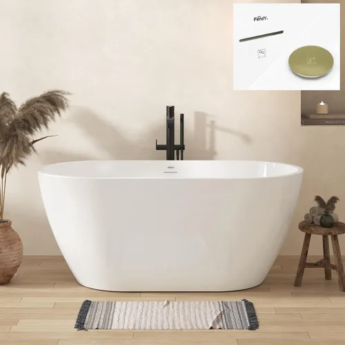 Miniatura 22 de FerdY 59" Bañera de acrílico independiente Bali Elite, bañera independiente de inmersión con forma elegante, certificada cUPC, desagüe negro Toe-Tap