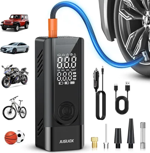 Miniatura 10 de JUSUOX Inflador de neumáticos, compresor de aire portátil, bomba de aire inalámbrica para neumáticos de automóvil de 150 PSI con batería y 12 V CC
