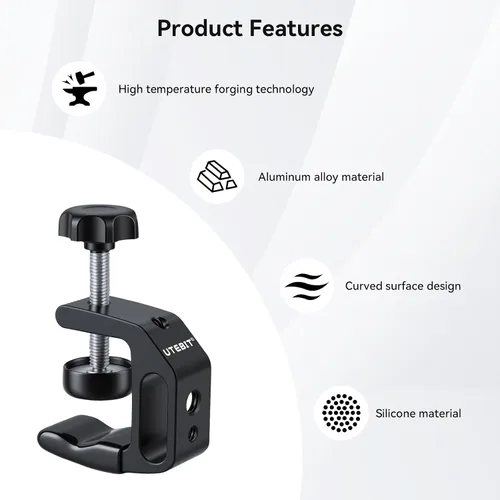 Miniatura 4 de UTEBIT 0.36"-1.2" Universal Aluminum C-Desk Clamp, Black Adjustable Support Clamp with 1/4" and 3/8" Thread for Desktop Mount Holder Flash Desks