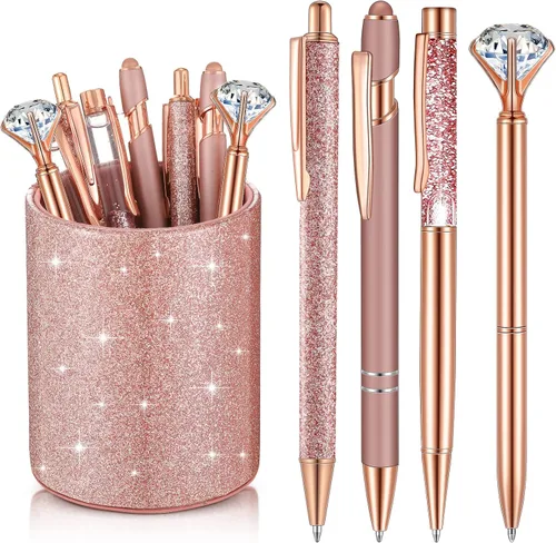 Miniatura 12 de Sabary 8 bolígrafos negros con soporte para bolígrafo para escritorio, con purpurina, diamantes de cristal, bonito soporte para lápices, organizador