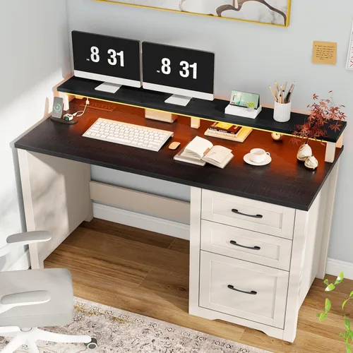 Vabches 47" Farmhouse Executive Desk with Monitor Stand & File Cabinet,3 Drawers Computer Desk with LED Lights and Power Outlets,Workstation for