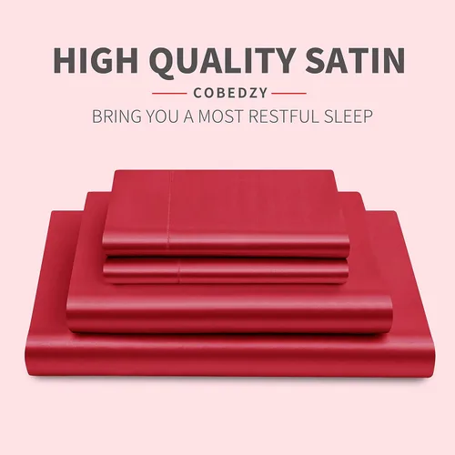 Miniatura 2 de Juego de sábanas de satén tamaño King, 4 piezas de sábanas de satén suaves y sedosas con bolsillos profundos, sábana de microfibra extra suave y Rojo