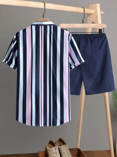 Miniatura 2 de Verdusa Conjunto de 2 piezas para hombre, camisa hawaiana con botones y trajes cortos a rayas