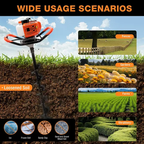 Miniatura 5 de Excavadora de agujeros de poste de barrena de 52 cc-2 tiempos a gas para excavadora de tierra para jardín con brocas (4, 6 y 8 pulgadas) y varillas