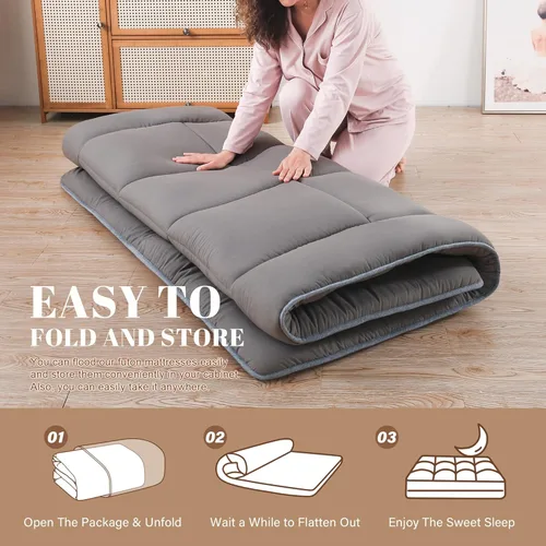Miniatura 5 de WhatsBedding Colchón de Suelo Japonés Colchón Futon de 3" Gris Tapete Tatami Relleno de Espuma Viscoelástica Triturada Almohadilla para Dormir