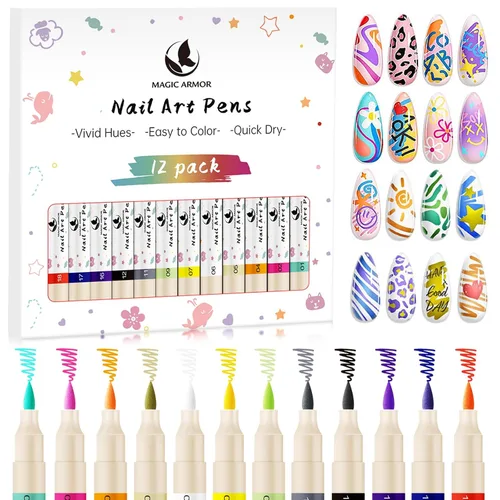 Juego de bolígrafos de arte de uñas de 12 colores, bolígrafos de pintura acrílica 3D para dibujar y puntear, marcadores de arte de uñas de secado