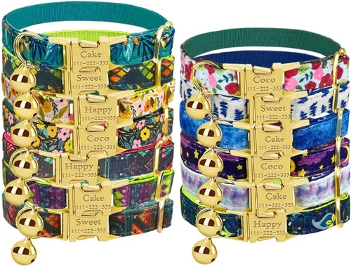 Miniatura 24 de Collar de gato personalizado con placa de nombre, collares ajustables de nailon resistente para identificación de gato con campana, personaliza
